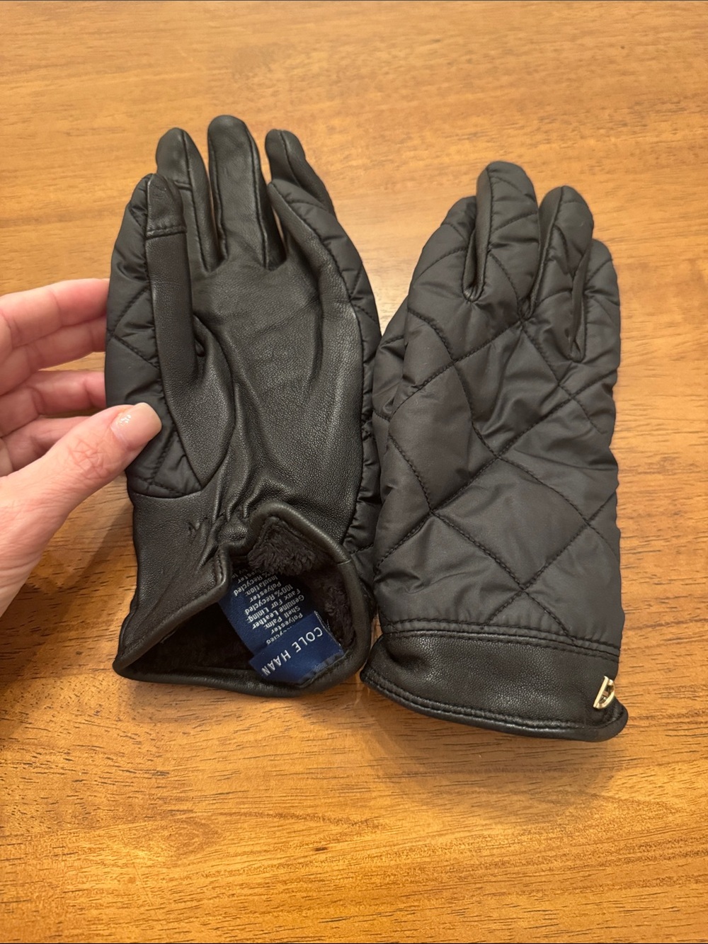 Cole Haan Black Quilted Leather-Trim Womens Gloves